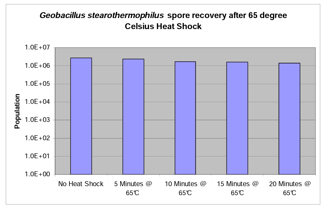 Graph 1 Geobacillus stearothermophilus spore recovery 65 degrees